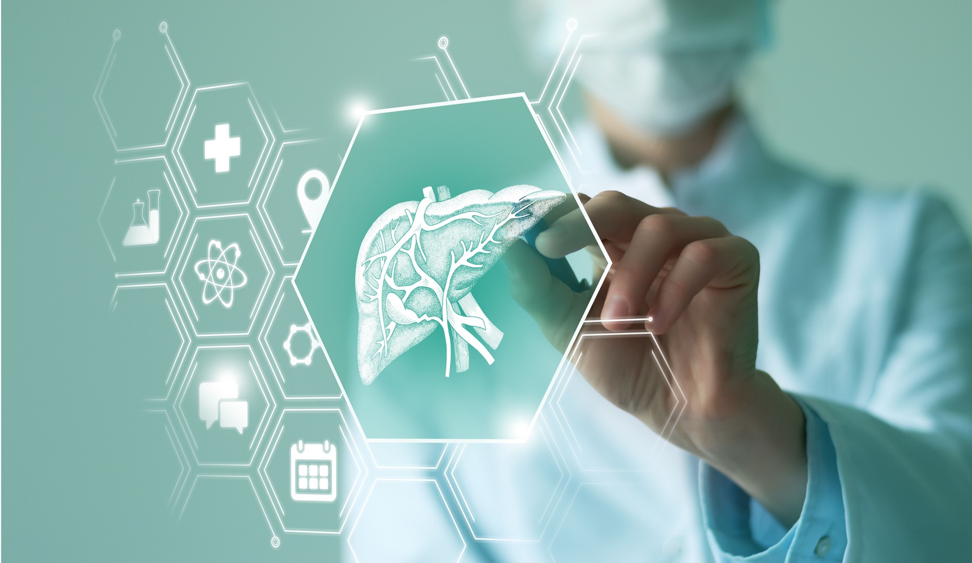 Unrecognizable female doctor holding graphic virtual visualization model of Liver organ in hands. Multiple virtual medical icons.