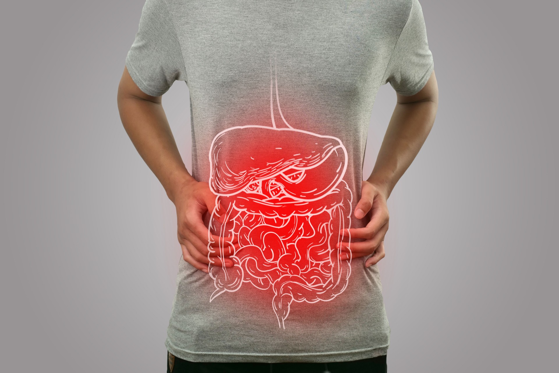 Digital composition of internal digestive system with highlighted red inflammation on sick person, man with stomach pain, health and medical